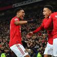 Manchester United goal-scorers Mason Greenwood, Anthony Martial and Marcus Rashford celebrate against Newcastle