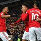 Manchester United goal-scorers Mason Greenwood, Anthony Martial and Marcus Rashford celebrate against Newcastle