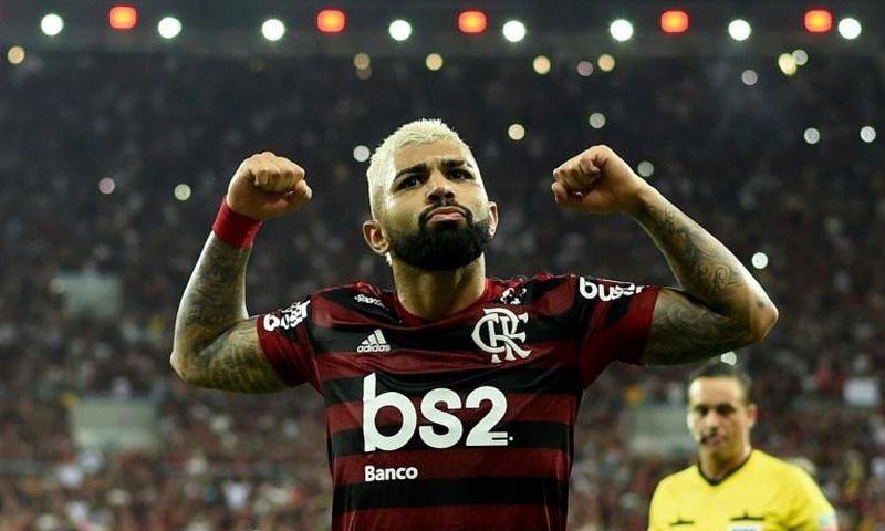 Gabriel Barbosa, pictured after scoring against Gremio in October, scored 43 goals in 59 matches for Flamengo in 2019, helping the Brazilian side to its greatest ever season