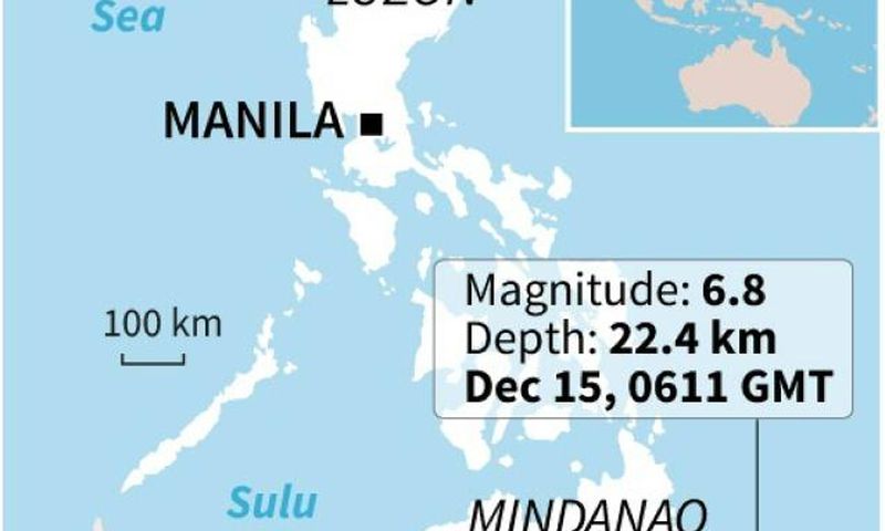 Map locating a 6.8 magnitude earthquake which hit the southern Philippines on Sunday.