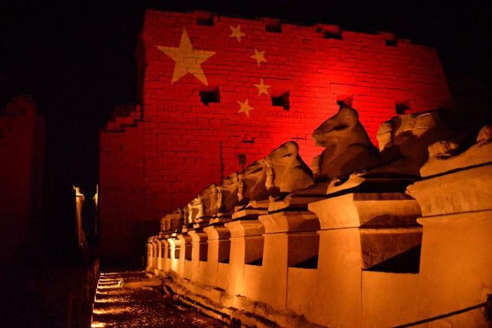The ancient temple of Karnak in southern Egypt is lit up with the colours of the Chinese flag in solidarity with Beijing over the novel coronavirus