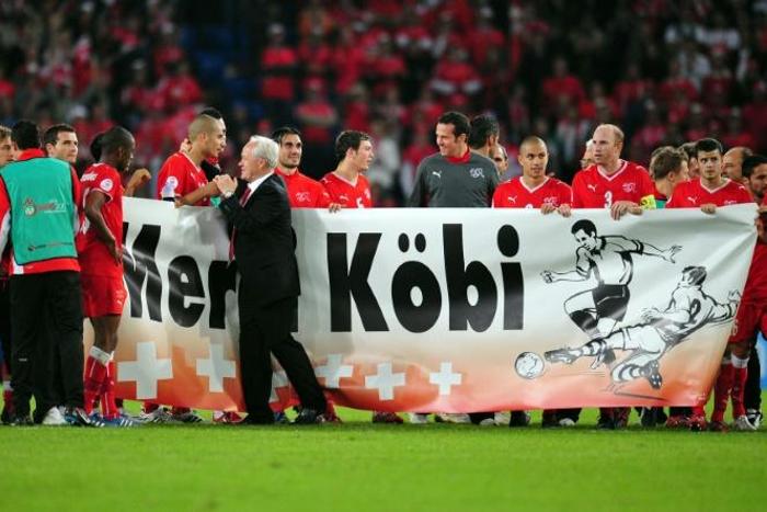 At Koebi Kuhn's last match in charge of Switzerland, a 2-0 victory over Portugal in Basel at Euro2008 the squad held out a banner thanking him
