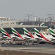 Emirates aircraft grounded at Dubai international Airport after the carrier suspended all passenger operations amid the COVID-19 coronavirus pandemic
