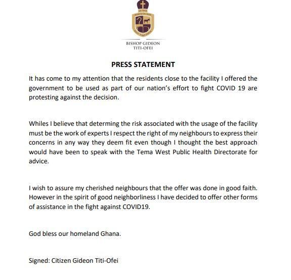 Statement from Bishop Gideon Titi-Ofei