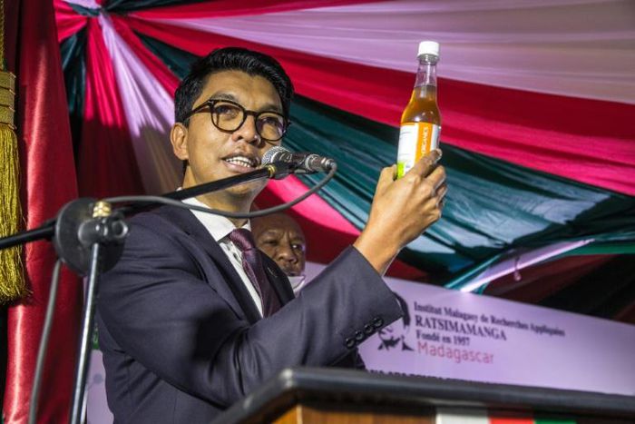 Madagascan President Andry Rajoelina and Covid Organics -- a herbal tea that, he says, cures coronavirus