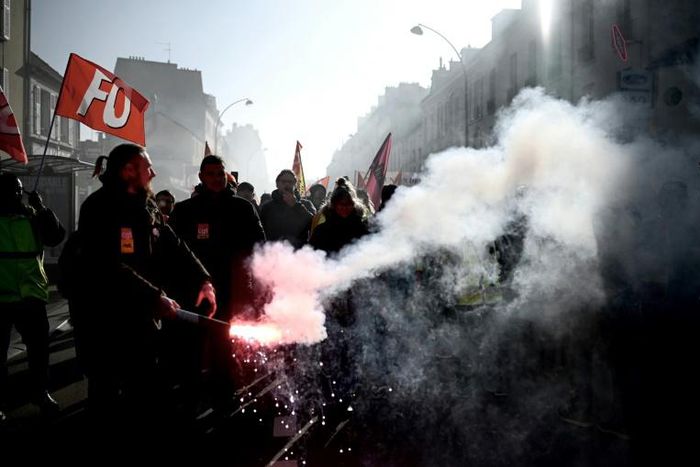 Protesters joined a demonstration in Versailles, where French President Emmanuel Macron was hosting an investment summit