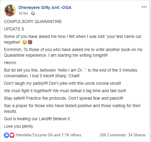 Gifty Anti's Facebook post