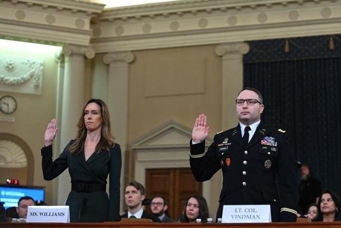 National Security Council Ukraine expert Lieutenant Colonel Alexander Vindman and foreign service officer Jennifer Williams, an advisor to Vice President Mike Pence, are sworn in during the impeachment inquiry in the House of Representatives