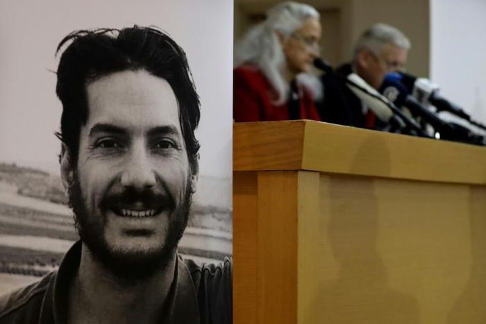 Marc and Debra Tice, the parents of US journalist Austin Tice (portrait), who was abducted in Syria in 2012, are seen at a press conference in the Lebanese capital Beirut on December 4, 2018