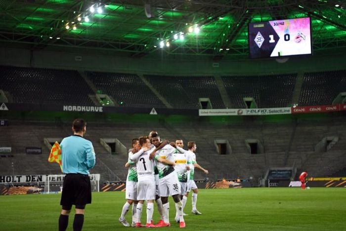 Embolo celebrates his opening goal in a near-empty Borussia Park