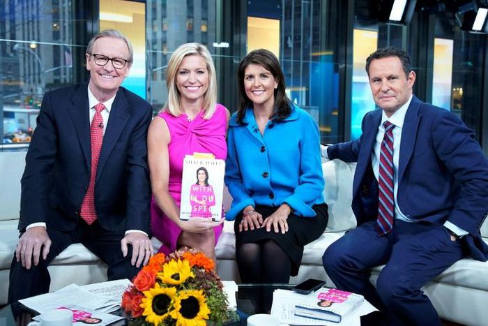 Fox host Ainsley Earhardt (in pink) pictured with her fellow presenters and former UN Ambassador Nikki Haley in 2019, was hit with a torrent of angry tweets
