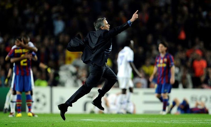 Jose Mourinho celebrated on the pitch at the Cam Nou after Inter Milan eliminated Barcelona in the 2010 Champions League semi-final