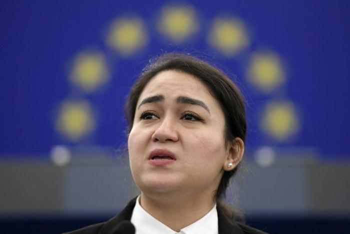 Jewher Ilham, daughter of Ilham Tohti, Uighur economist and human rights activist, delivers a speech during the award ceremony for her father's 2019 European Parliament's Sakharov human rights prize at the European Parliament in Strasbourg