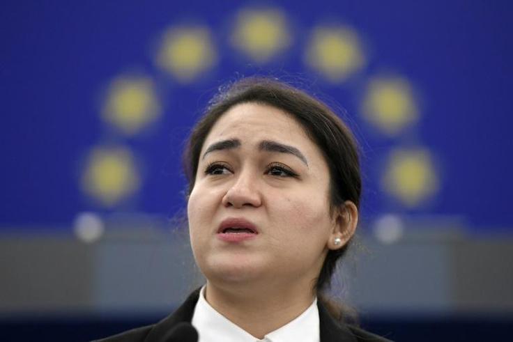 Jewher Ilham, daughter of Ilham Tohti, Uighur economist and human rights activist, delivers a speech during the award ceremony for her father's 2019 European Parliament's Sakharov human rights prize at the European Parliament in Strasbourg