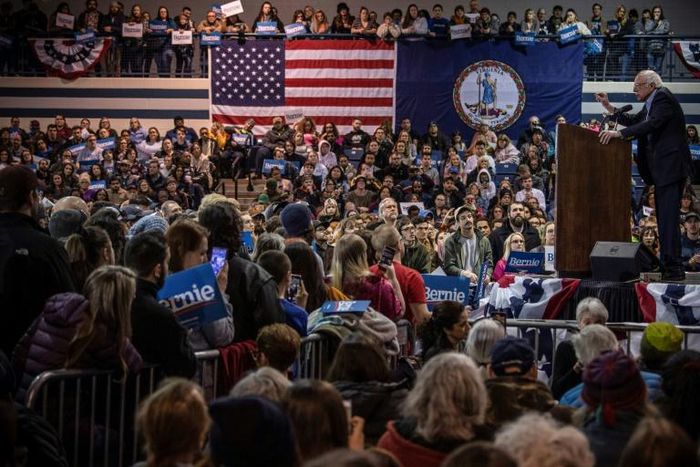 Democratic White House hopeful Bernie Sanders speaks during a campaign rally at the Virginia Wesleyan University