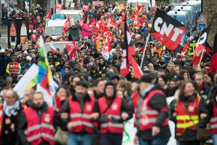 A march against a planned pensions overhaul in Nantes, western France, on Thursday.