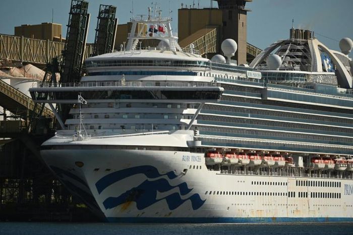Cruise liner Ruby Princess sits in the harbour in Port Kembla, south of Sydney, on April 6, 2020