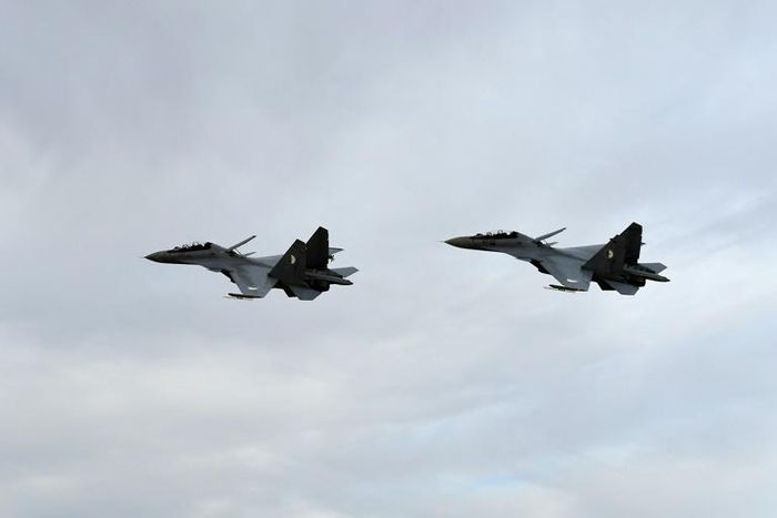 Two Algerian Sukhoi Su-30 fighter jets take part in manoeuvres in April last year