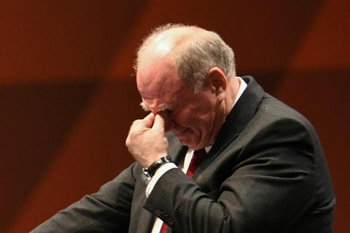 Outgoing Bayern Munich president Uli Hoeness fights back tears as he speaks at the club's annual general meeting on Friday