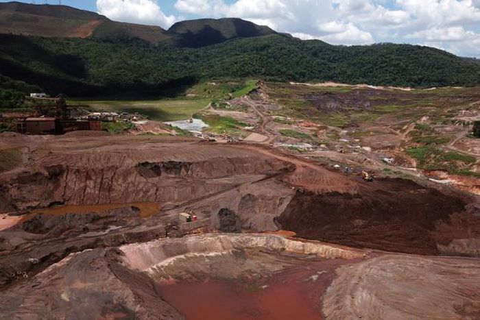 Aerial view of Brazilian mining multinational Vale at the Corrego do Feijao mine where the collapse of a tailings dam January 25, 2019 killed 270 people