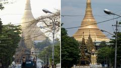 A combination photo  shows a street scene from  normal celebrations for Thingyan a few years ago compared to this year's festival