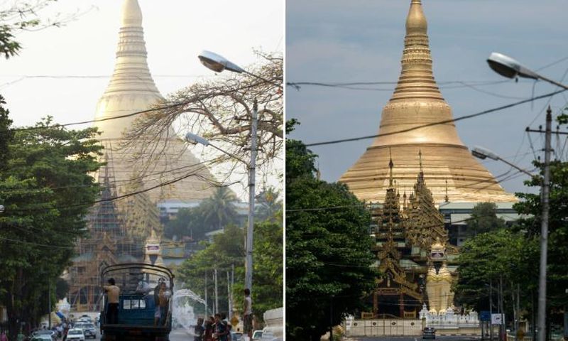A combination photo  shows a street scene from  normal celebrations for Thingyan a few years ago compared to this year's festival