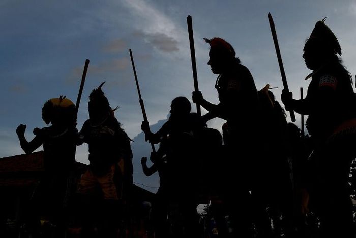Kayapo tribe members perform a ceremony as dozens of Amazon indigenous leaders gathered in January in the heart of the Brazil's rainforest in solidarity against Jair Bolsonaro's environmental policies