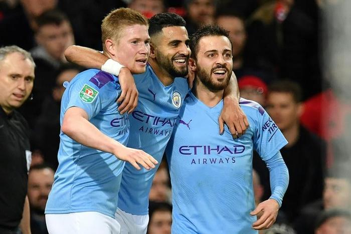 Fearsome threesome: Kevin de Bruyne (left), Riyad Mahrez (centre) and Bernardo Silva (right) all played key roles in Manchester City's victory at Manchester United