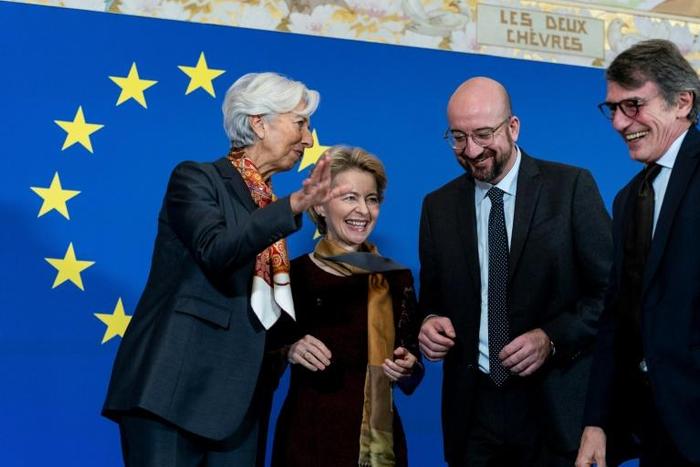 (From L) President of the European Central Bank (ECB) Christine Lagard attends the launch of the EU's new leadership team: European Commission President-elect Ursula von der Leyen, European Council President Charles Michel, and European Parliament pres...