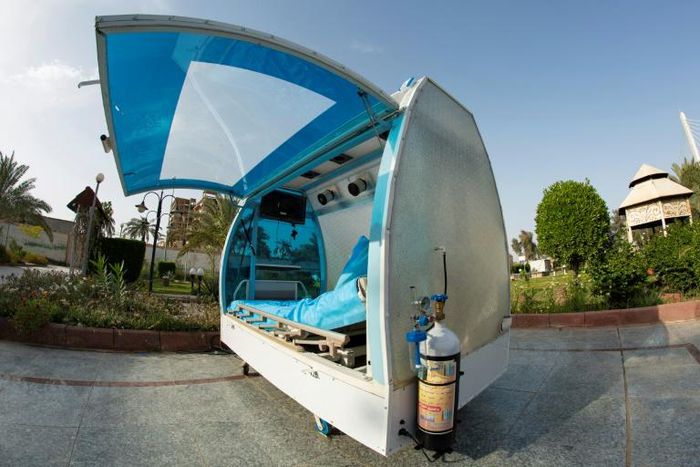 Medical engineer Iraqi Moqtada al-Zubaidi has created a hospital bed encased in plexiglass for coronavirus patients