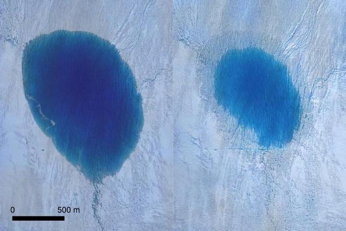 Aerial photography captured by drones from before and after showed a dark blue oval shrink into a smaller, shallower and lighter blue circle