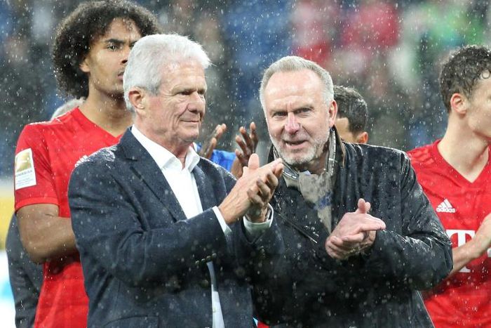 Bayern Munich chairman Karl-Heinz Rummenigge (R) seen with Hoffenheim owner Dietmar Hopp