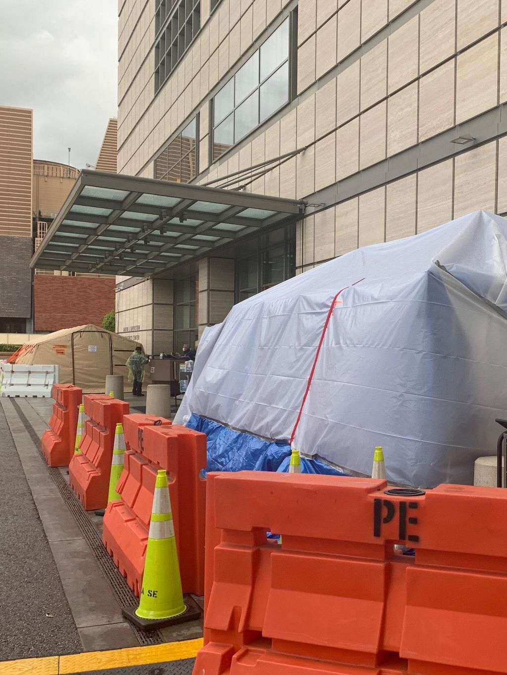 Tents set up outside the entrance to the UCLA Health emergency department.