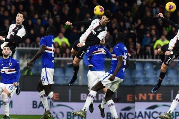 Juventus Portuguese forward Cristiano Ronaldo jumps above Sampdoria's Italian defender Nicola Murru to score a header during the Serie A match