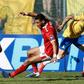 Mamelodi Sundowns forward Jose Ali Meza (R) slips past Al Ahly defender Ramy  Rabia during a CAF Champions League quarter-final second leg in Pretoria Saturday