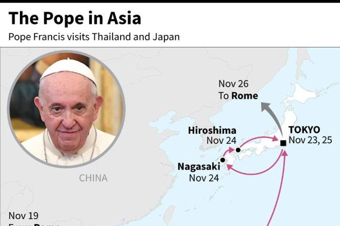 Map showing the route and dates of Pope Francis' Asia visit, Nov 19-26