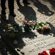 A memorial stone is seen at the former Neuengamme concentration camp in Hamburg, Germany