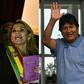 This combination of pictures taken on November 12, 2019 shows deputy Senate speaker Jeanine Anez (L), gesturing after proclaiming herself Bolivia's new interim president, and ex-President Evo Morales waving upon landing in Mexico City