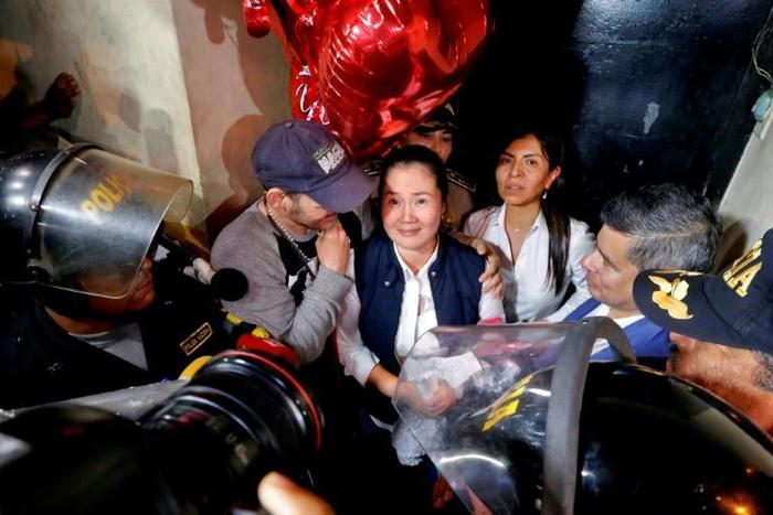 Keiko Fujimori (C) is pictured in November 2019 after her release from pre-trial detention on corruption allegations