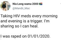 “Taking HIV meds every morning and evening is a trigger” – Pretty lady raped on the first day of 2020
