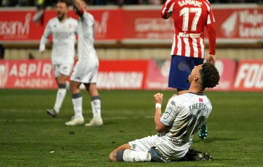 Cultural Leonesa defender Virgil Theresin celebrates