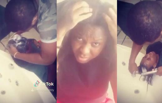 John Dumelo turns hairdresser for his wife at home