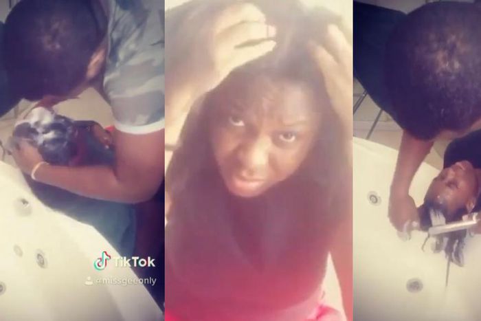 John Dumelo turns hairdresser for his wife at home