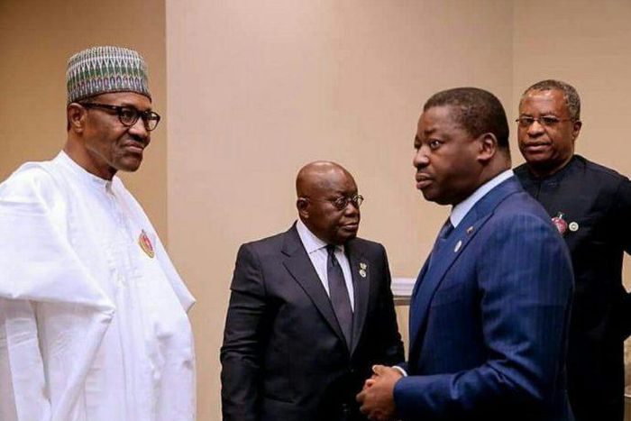 President Muhammadu Buhari (left), Nigeria's Foreign Minister, Geoffrey Onyeama (far right) and two of the West African leaders who are in Abuja for the 52nd ECOWAS Summit.