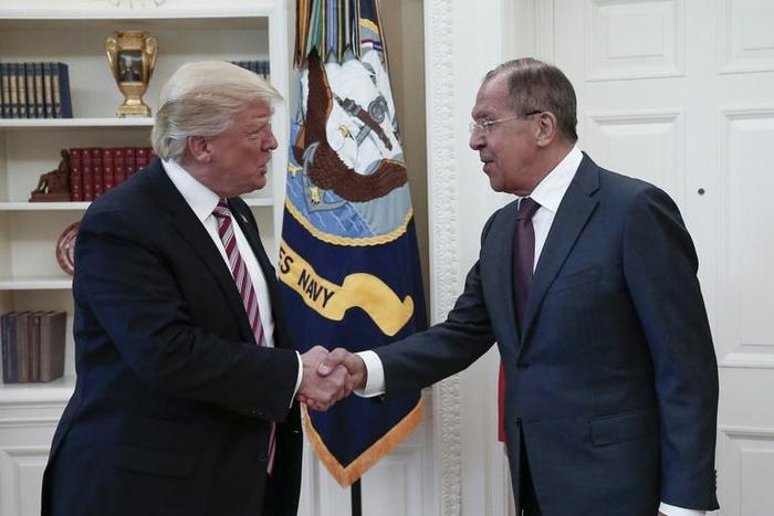 US President Donald Trump (left) and Russian Foreign Minister Sergei Lavrov, pictured at their last meeting in May 2017, where Trump was accused of sharing classified information