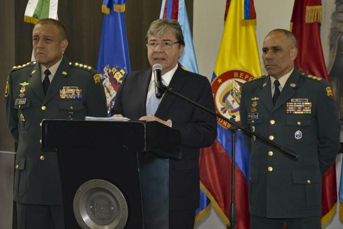 Defence Minister Carlos Holmes Trujillo speaking during a press conference in Bogota on January 13, 2019