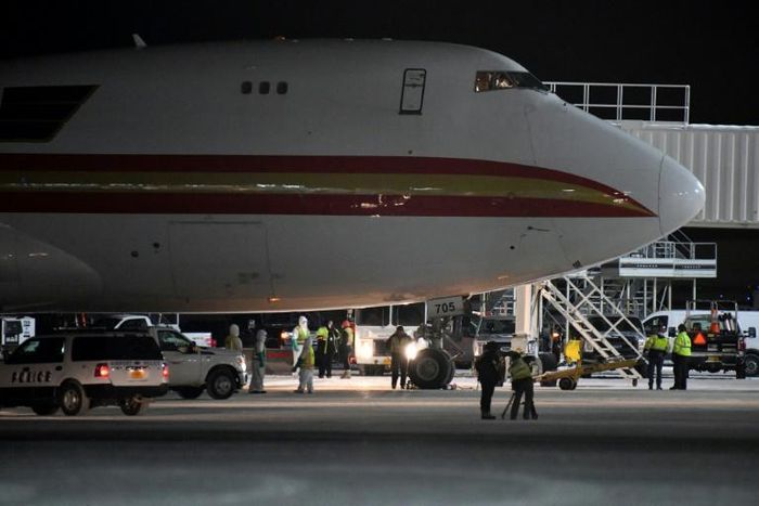 A Boeing 747 chartered to evacuate Americans from Wuhan, China, arrives in January 2020 at Ted Stevens Anchorage International Airport