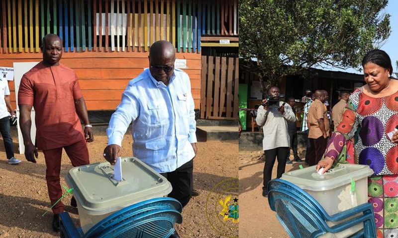 Photos show President Akufo Addo and his wife Rebecca voting at Kyebi