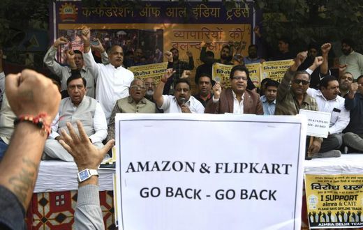 Traders protested in November 2019 against the market dominance of e-commerce giants Amazon and Flipkart