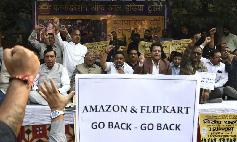Traders protested in November 2019 against the market dominance of e-commerce giants Amazon and Flipkart